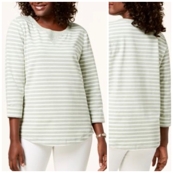 Karen Scott Tops - Sage Green & White Stripe French Terry Sweatshirt Top Size Large